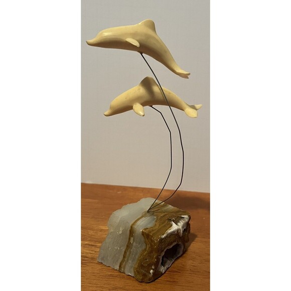 Marvin Wernick Kinetic 2 Dolphins on Wire Statue 1974 Quartz Marble Base Vintage - Picture 3 of 7